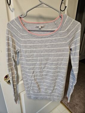 GAP Gray & White Striped Scoop Neck Sweater with Coral Trim